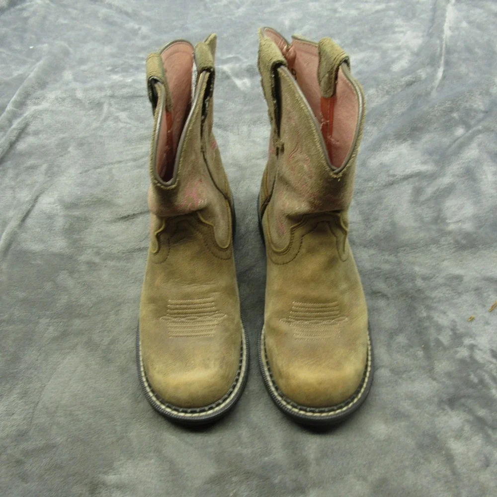 Ariat‎ Girls Boots 6 B Pink Embroidered Tan Leather Square Toe Fatbaby II Cowboy